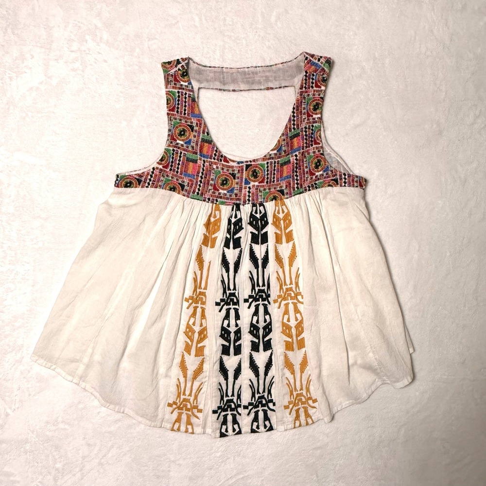 Raga White Mosaic Embroidered Tank Top Small Boho Pleated Babydoll High Low Hem